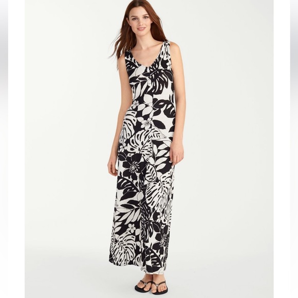 Tommy Bahama Leaf Relief Black and Ivory Floral Linen Bland Maxi Dress Size: M - Picture 1 of 4